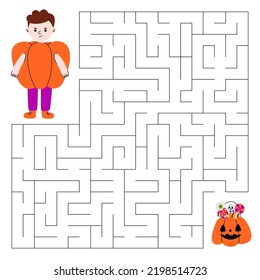 Maze game for children. Cute boy in costume pumpkin looking for a way to the bag with sweets. Children's educational game.
