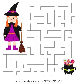 Juego de Maze para niños. Un chico lindo con bruja disfrazada buscando un camino hacia el caldero de brujas con dulces. Juego educativo infantil.