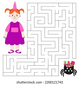 Juego de Maze para niños. Un chico lindo disfrazado de unicornio buscando un camino hacia el caldero de araña con dulces. Juego educativo infantil.