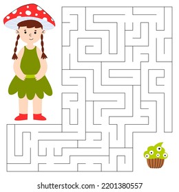 Juego de Maze para niños. Un chico lindo con setas disfrazadas buscando una manera de llegar al quequito zombe. Juego educativo infantil.