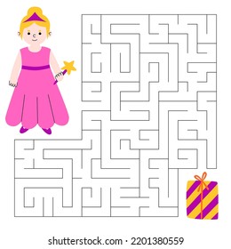 Maze game for children. Cute boy in costume princess sorceress looking for a way to the gift. Children's educational game.