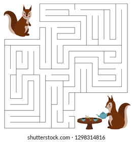Maze game for children, the cute cartoon squirrels. Help the squirrel to find the right way to her friend. Tea time. Woodland animals. Hand drawn vector illustration.