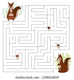 Maze game for children, the cute cartoon squirrels. Woodland animals. Help squirrel to collect all mushrooms. Hand drawn vector illustration.