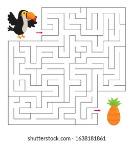 Maze game for children. Cute cartoon toucan bird and pineapple. Jungle animals. Educational worksheet for preschoolers.