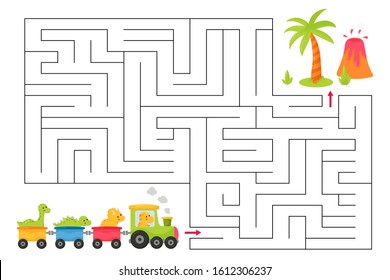 Maze game for children. Cute kawaii cartoon dinosaurs on the train. Funny labyrinth. Educational activity worksheet for preschoolers.