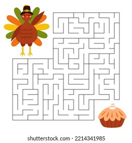 Maze Game For Children. Cute Pilgrim Turkey Looking For A Way To The Pumpkin Pie. Bird Animal Character Wearing A Pilgrims Hat. Printable Worksheet.