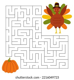 Maze Game For Children. Cute Pilgrim Turkey Looking For A Way To The Pumpkin. Bird Animal Character Wearing A Pilgrims Hat. Printable Worksheet. Vector Cartoon Illustration For Thanksgiving Day.