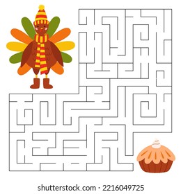 Maze Game For Children. Cute Pilgrim Turkey Looking For A Way To The Pumpkin Pie. Bird Animal Character In A Hat, A Scarf And Ugg. Printable Worksheet.