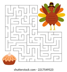 Maze Game For Children. Cute Pilgrim Turkey Looking For A Way To The Pumpkin. Bird Animal Character Wearing A Pilgrims Hat. Printable Worksheet. Vector Cartoon Illustration For Thanksgiving Day.