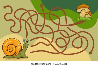 Maze game for children with a cute snail trying to choose a path to the mushrooms. 