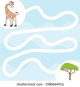 Maze game for children. Draw a line and feed cute giraffe. Help the giraffe to find tree. Activity exercise for kindergarten or preschool kids. Development of attention in toddlers. Simple labyrinth.