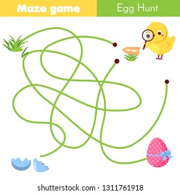 Maze game for children. Easter egg hunt activity. Help chicken find way to egg. Fun page for toddlers and kids