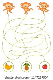 Maze Game For Children, Education Worksheet. Monkeys And Fruits