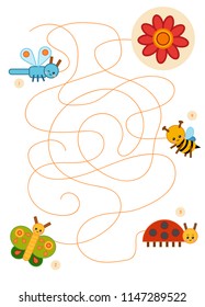 Maze game for children, education worksheet. Butterfly, Ladybug, Dragonfly, Bee and lost Flower