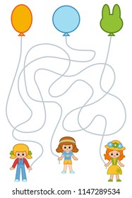 Maze game for children, education worksheet. Girls and Party balloons