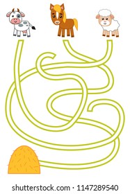 Maze game for children, education worksheet. Cow, Sheep, Horse and haystack