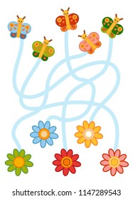 Maze game for children, education worksheet. Flowers and Butterflies