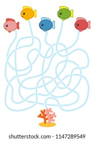 Maze game for children, education worksheet. Fish and Coral reef