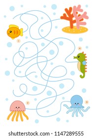 Maze game for children, education worksheet. Fish, Octopus, Jelly fish, Sea horse and Coral reef