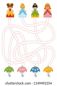 Maze game for children, education worksheet. Princesses and umbrellas