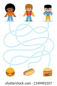Maze game for children, education worksheet. Boys and fastfood - Hot dog, Burger, Sandwich