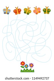 Maze game for children, education worksheet. Butterflies and flowers