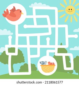 Maze game for children, education worksheet. Bird and nest with chicks. Easy difficulty level for preschoolers