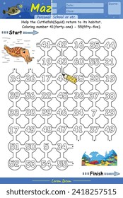 Maze game for children. Education worksheet. Activity page. Puzzle for children. Alphabet Maze Game learning number 41 to 55 with cuttlefish cartoon