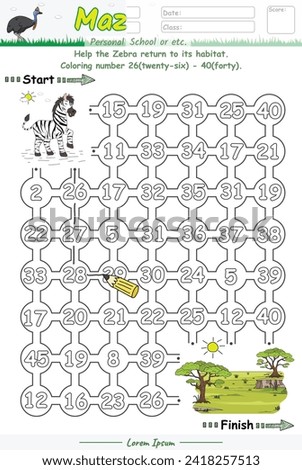 Maze game for children. Education worksheet. Activity page. Puzzle for children. Alphabet Maze Game learning number 26 to 40 with zebra cartoon