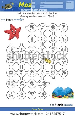 Maze game for children. Education worksheet. Activity page. Puzzle for children. Alphabet Maze Game learning number  1 to 10 with starfish cartoon