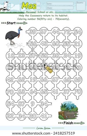 Maze game for children. Education worksheet. Activity page. Puzzle for children. Alphabet Maze Game learning number 56 to 70 with cassowary cartoon