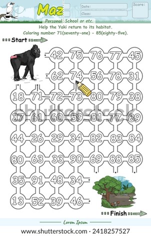 Maze game for children. Education worksheet. Activity page. Puzzle for children. Alphabet Maze Game learning number 71 to 85 with yaki monkey