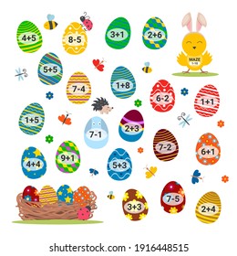 Maze game for children. Educational children math maze activity. Mathematic worksheet for home schooling. Spring easter preschool learning. Farm animal. Help the hen. 