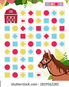 Maze game for children. Farm animals collection. Help the horse to find the farm.