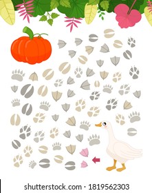 Maze game for children. Farm animals collection. Help the goose to find the pumpkin.
