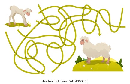 Maze Game for Children. Farm Animals. Help the Lamb to Find its Mother Sheep. Vector Cartoon Illustration.