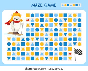 Maze game for children. Find the correct path by the pattern. Cartoon cute polar bear.