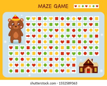 Maze game for children. Find the correct path by the pattern. Cartoon cute bear.