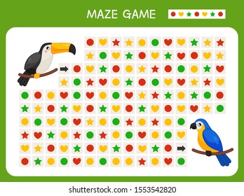 Maze game for children. Find the correct path by the pattern. Cartoon cute birds.