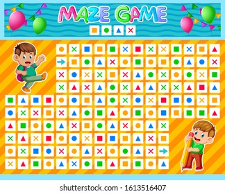 Maze game for children. Find the correct path by the pattern. Cartoon cute boy of illustration