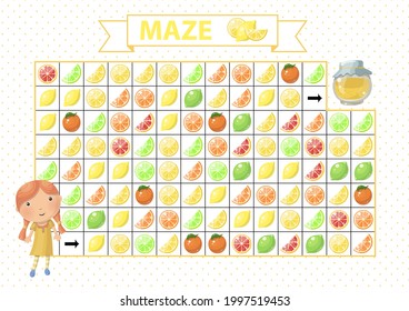 Maze game for children. Find the correct path by yellow lemon. Cartoon cute girl and jam