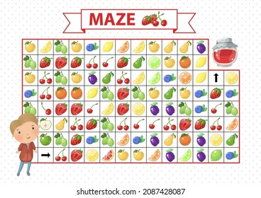 Maze game for children. Find the correct path by red berries. Cartoon boy and red jam
