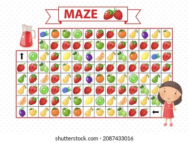 Maze game for children. Find the correct path by red strawberries. Cartoon girl and red juice in glass jar.