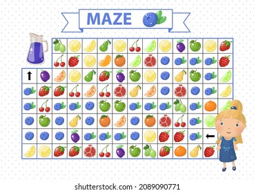 Maze game for children. Find the correct path by blue berries. Cartoon girl and juice in jar