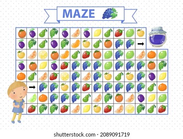 Maze game for children. Find the correct path by blue grape. Cartoon boy and jam