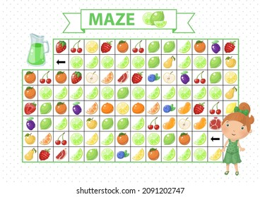 Maze game for children. Find the correct path by green fruits. Cartoon girl and juice