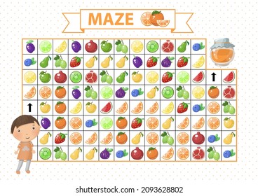 Maze game for children. Find the correct path by orange. Cartoon boy and jam