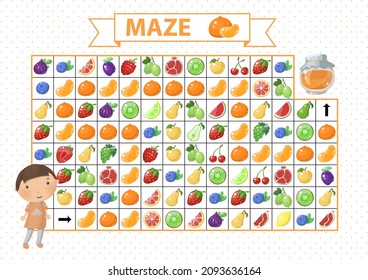Juego de Maze para niños. Buscar la ruta correcta de mandarina. Niño de la caricatura y mermelada