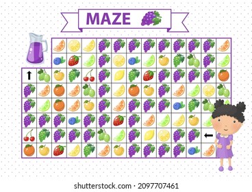 Maze game for children. Find the correct path by grape. Cartoon girl and juice in jar