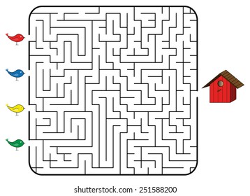 Maze game for children. Find the correct way for bird to birdhouse. Only one way is correct. Vector illustration.